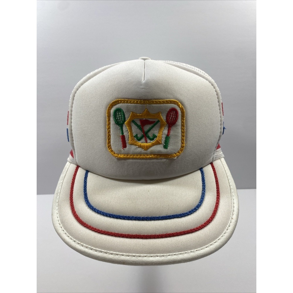 Vintage Arlin 3 Stripe Trucker Hat Snapback Country Club Red White Blue Mesh Cap